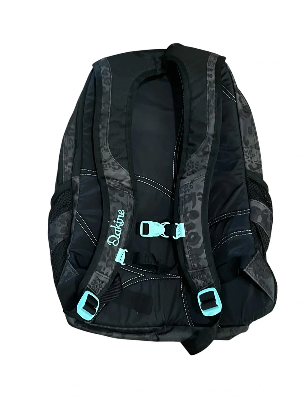 Dakine Black Leopard-Print Backpack with Teal Zipper Accents